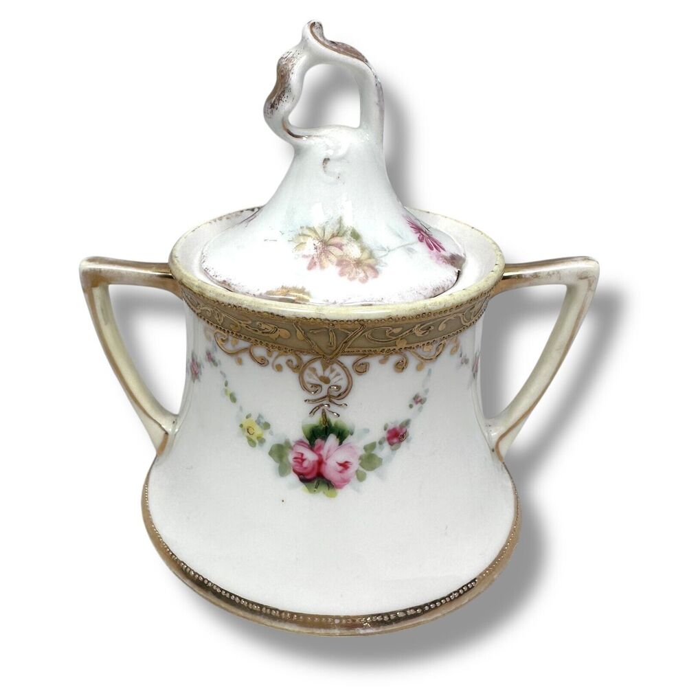 Antique Nippon Covered Sugar Dish‎ Floral Porcelain Circa 1911-1921 Hand Painted
